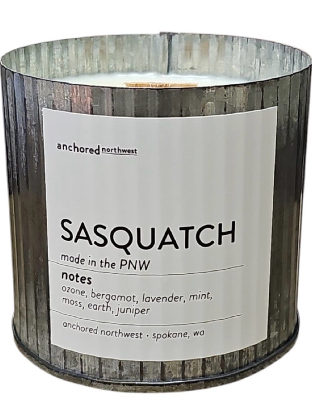 NWT Anchored Northwest Sasquatch Woodsy Wood Wick Tin Candle Corrugated Metal - Picture 6 of 6